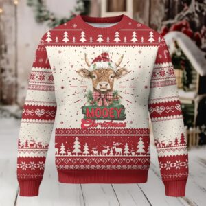 Funny Xmas Highland Cow Ugly Christmas Sweater Mooey Xmas Western Cow Santa Hat