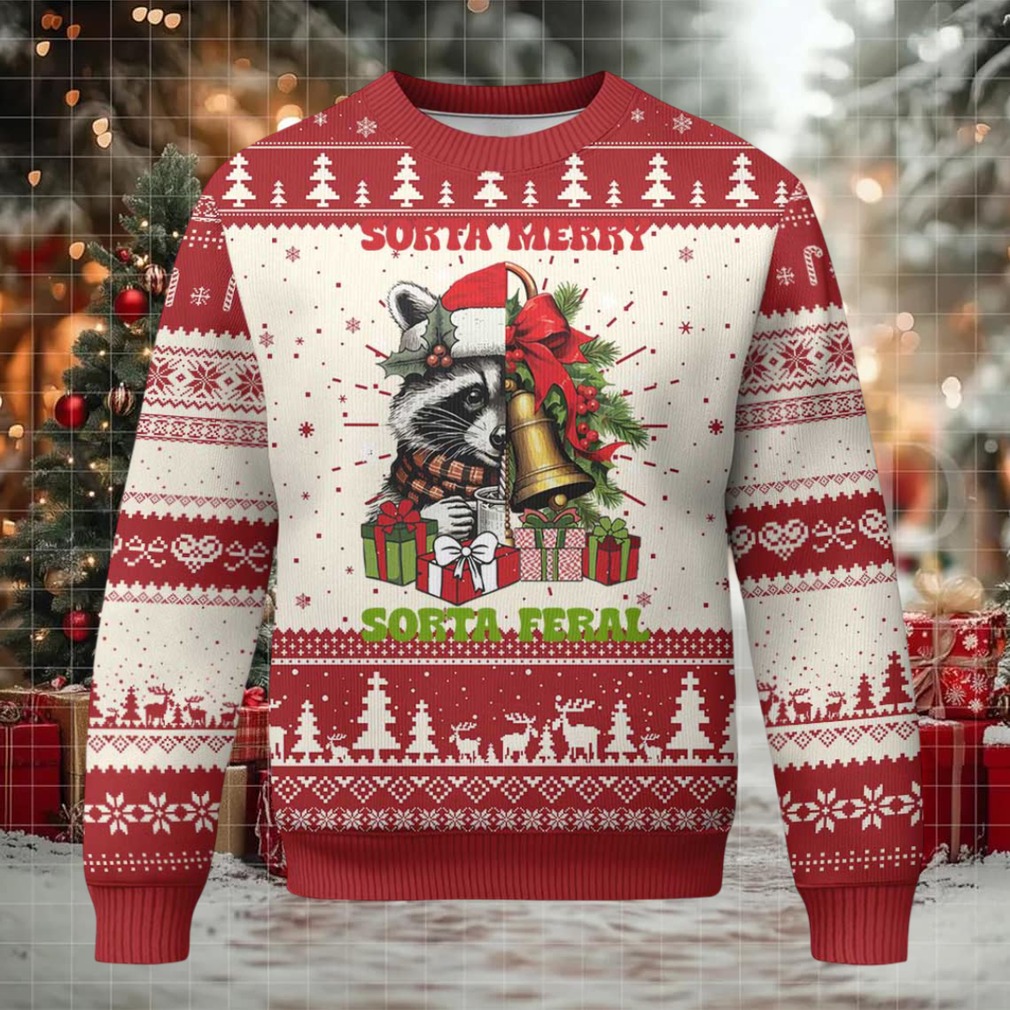 Funny Xmas Racoon Ugly Christmas Sweater Sorta Merry Sorta Feral Xmas Wreath