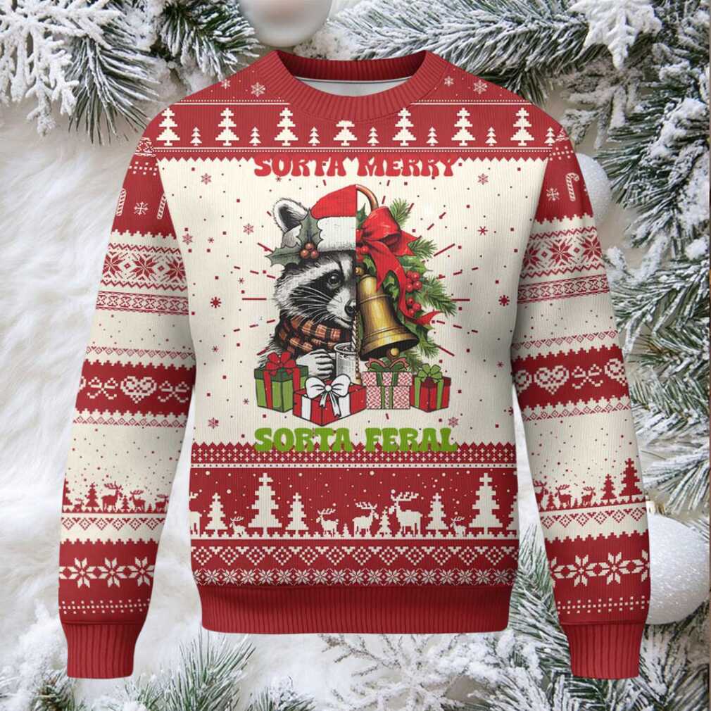 Funny Xmas Racoon Ugly Christmas Sweater Sorta Merry Sorta Feral Xmas Wreath