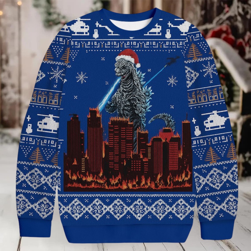 Fan wearing Godzilla Minus One Christmas Ugly Sweatshirt at a party