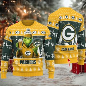 Green Bay Packers Grinch With Beer Ugly Christmas Sweater