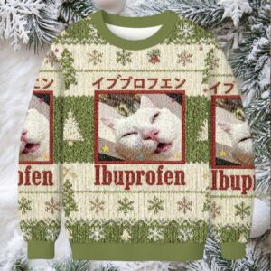 Green Ibuprofen Meme Cat Christmas Ugly Sweatshirt