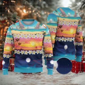 Hawaii Beach Landscape Time Lapse Ugly Christmas Sweater Tropical Plumeria Flowers
