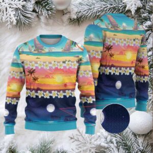 Hawaii Beach Landscape Time Lapse Ugly Christmas Sweater Tropical Plumeria Flowers