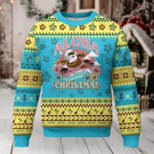 Hawaii Ugly Christmas Sweater Retro African American Surfing Santa With Tattoos Aloha Christmas