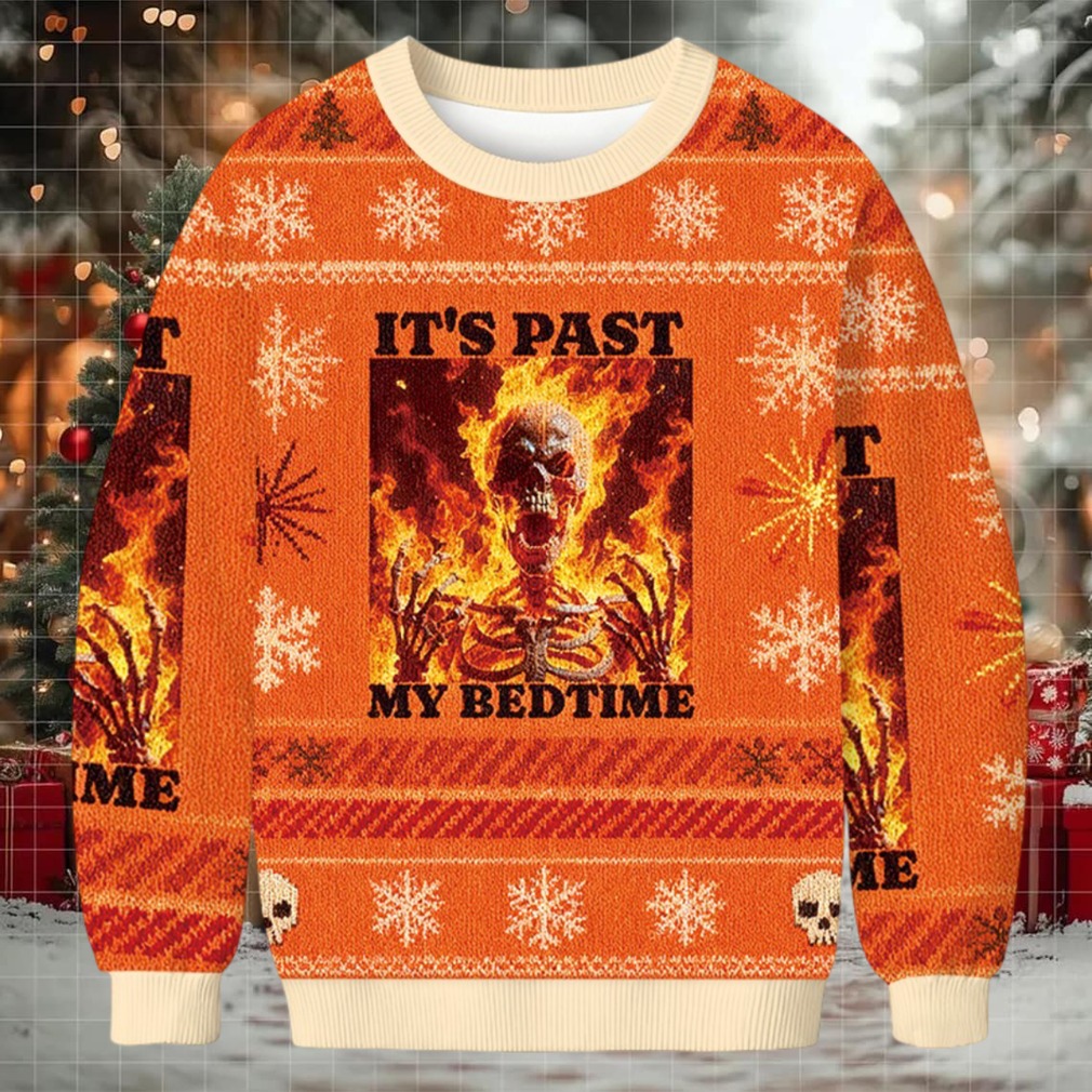 Funny Skeleton Christmas Ugly Sweatshirt with 'It's Past My Bedtime' meme