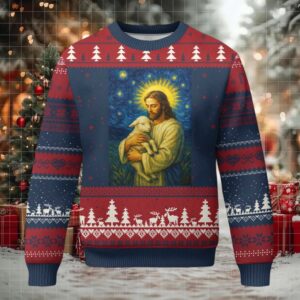 Jesus Christian Ugly Christmas Sweater Hug Lamb Starry Night Van Gogh