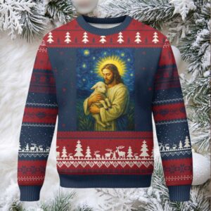 Jesus Christian Ugly Christmas Sweater Hug Lamb Starry Night Van Gogh