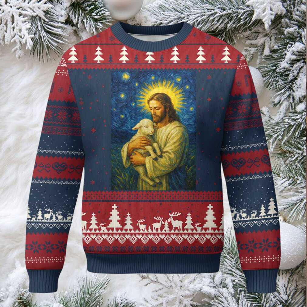 Jesus Christian Ugly Christmas Sweater Hug Lamb Starry Night Van Gogh