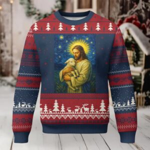 Jesus Christian Ugly Christmas Sweater Hug Lamb Starry Night Van Gogh