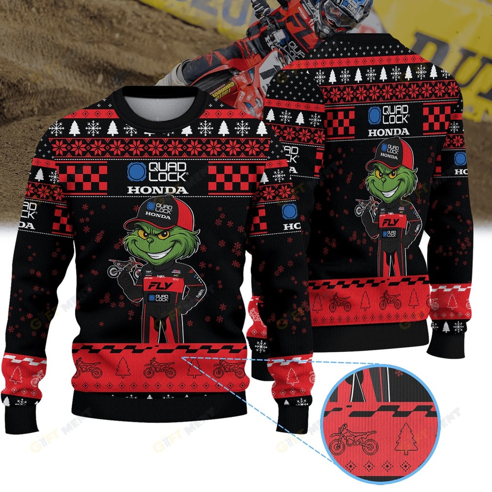 Joey Savatgy Quad Lock Honda Racing Grinch Ugly Christmas Sweater - Detail View