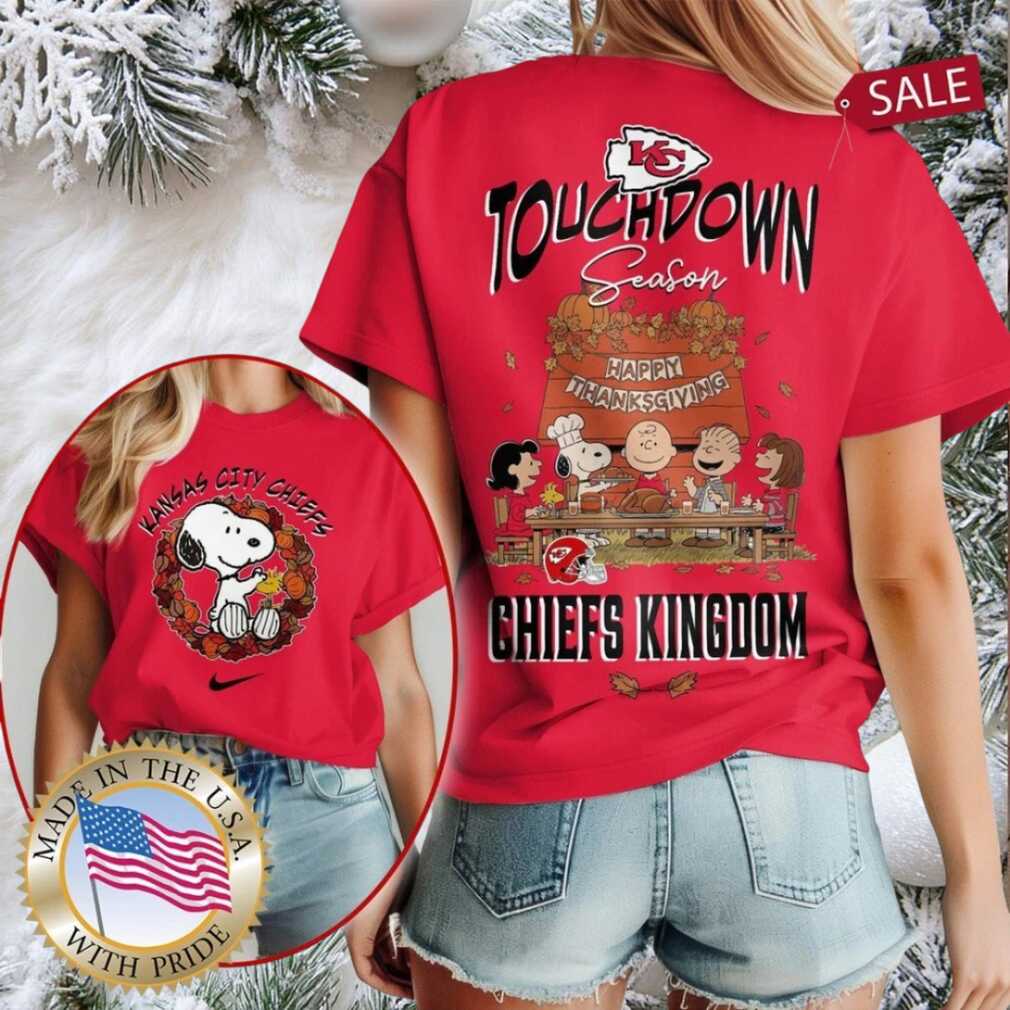 Kansas City Chiefs NFL Snoopy Peanuts Touchdown Season Happy Thanksgiving Shirt - Back view with Peanuts characters