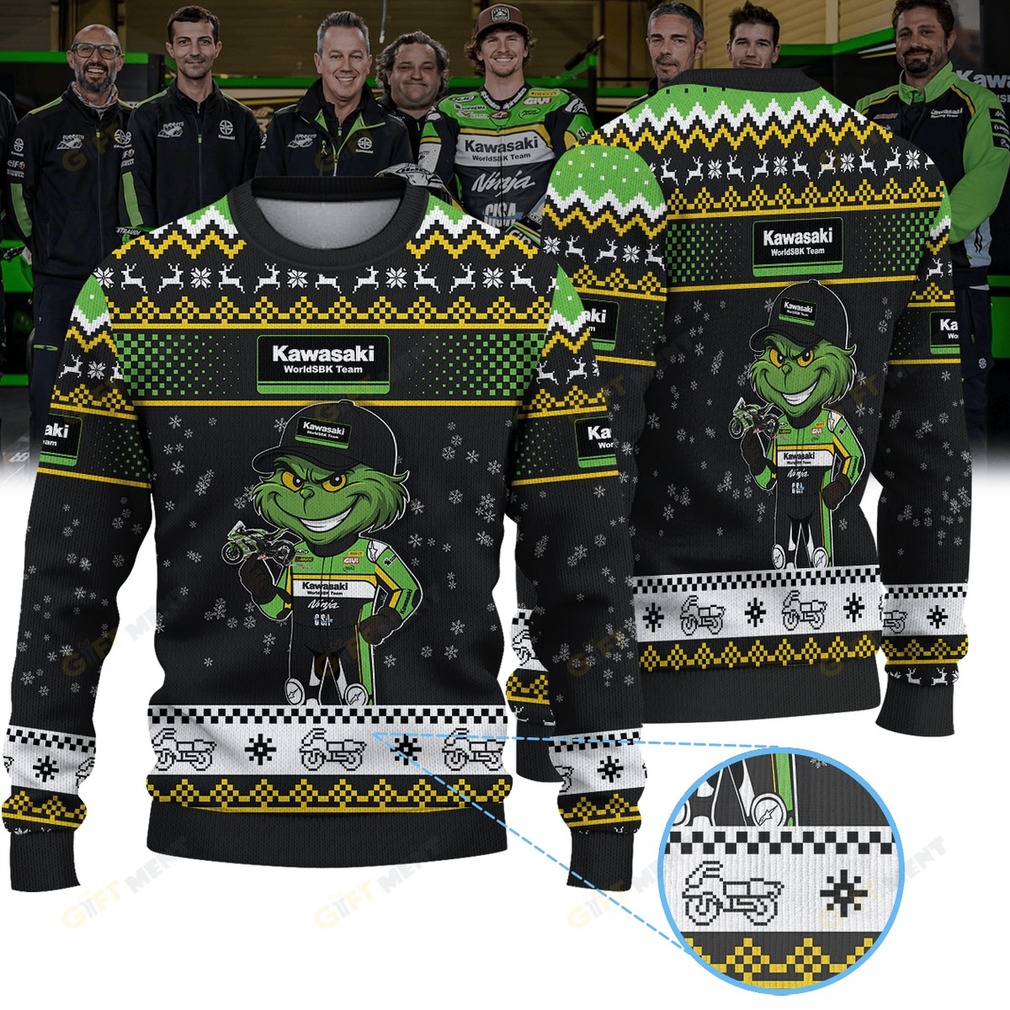 Kawasaki WorldSBK Team Grinch Ugly Christmas Sweater lifestyle shot