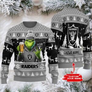 Las Vegas Raiders Grinch With Beer Ugly Christmas Sweater