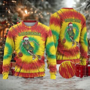 Lithuania Christmas Tie Dye Ugly Christmas Sweater Skeleton Basketball Slam Dunk