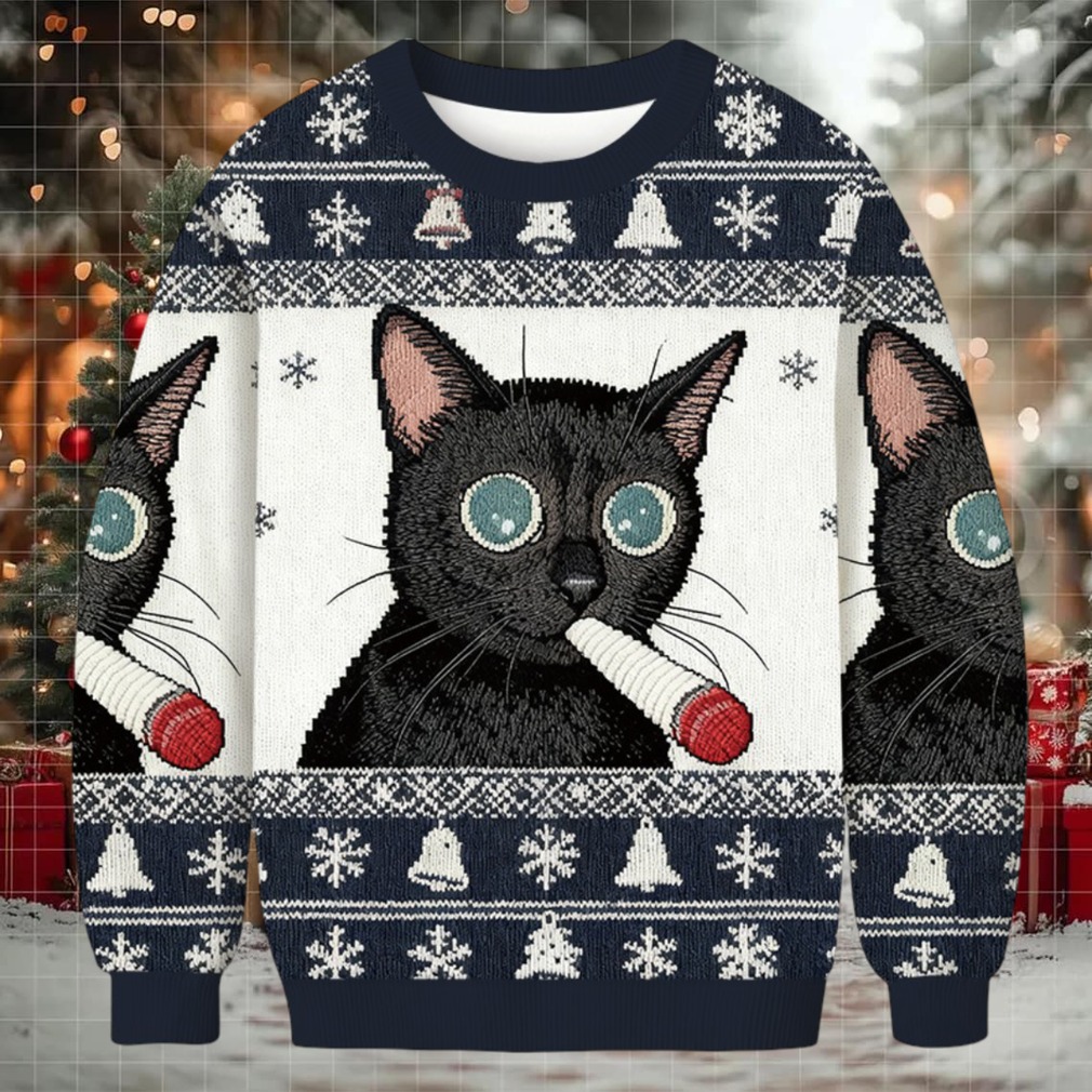 Little Kitten Funny Smoking Christmas Ugly Sweatshirt - Front View