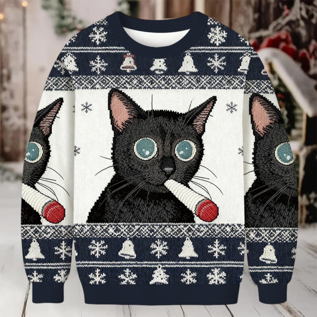 Little Kitten Funny Smoking Christmas Ugly Sweatshirt - Detail of smoking kitten