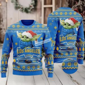 Los Angeles Chargers Santa Hat Baby Yoda Star Wars Mens Ugly Christmas Sweater Blue