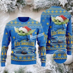 Los Angeles Chargers Santa Hat Baby Yoda Star Wars Mens Ugly Christmas Sweater Blue