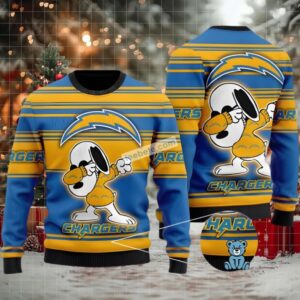 Los Angeles Chargers Snoopy Ugly Christmas Sweater Ladies Yellow Blue