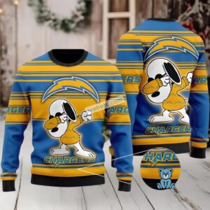 Los Angeles Chargers Snoopy Ugly Christmas Sweater Ladies Yellow Blue