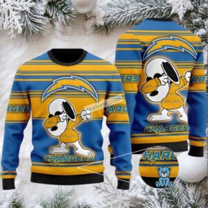 Los Angeles Chargers Snoopy Ugly Christmas Sweater Ladies Yellow Blue
