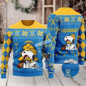 Los Angeles Chargers Snoopy Woodstock Christmas Vacation Ugly Sweater Blue Yellow