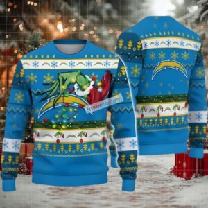 Los Angeles Chargers The Grinch Hand Lights Ugly Xmas Sweater Blue
