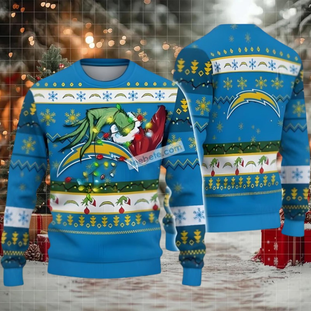 Los Angeles Chargers The Grinch Hand Lights Ugly Xmas Sweater Blue