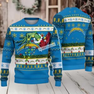 Los Angeles Chargers The Grinch Hand Lights Ugly Xmas Sweater Blue