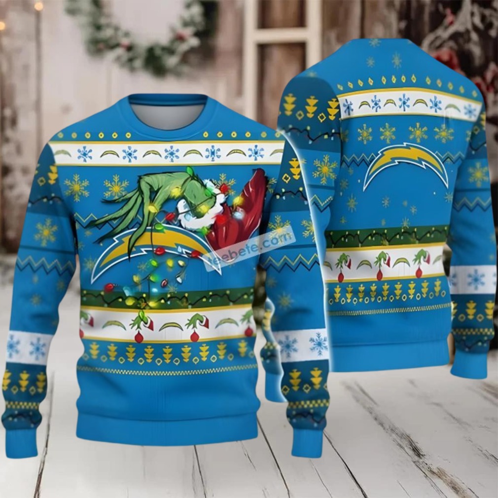 Los Angeles Chargers The Grinch Hand Lights Ugly Xmas Sweater Blue