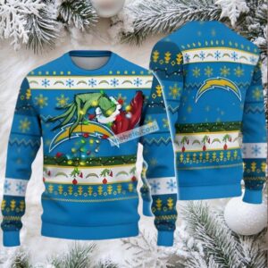 Los Angeles Chargers The Grinch Hand Lights Ugly Xmas Sweater Blue