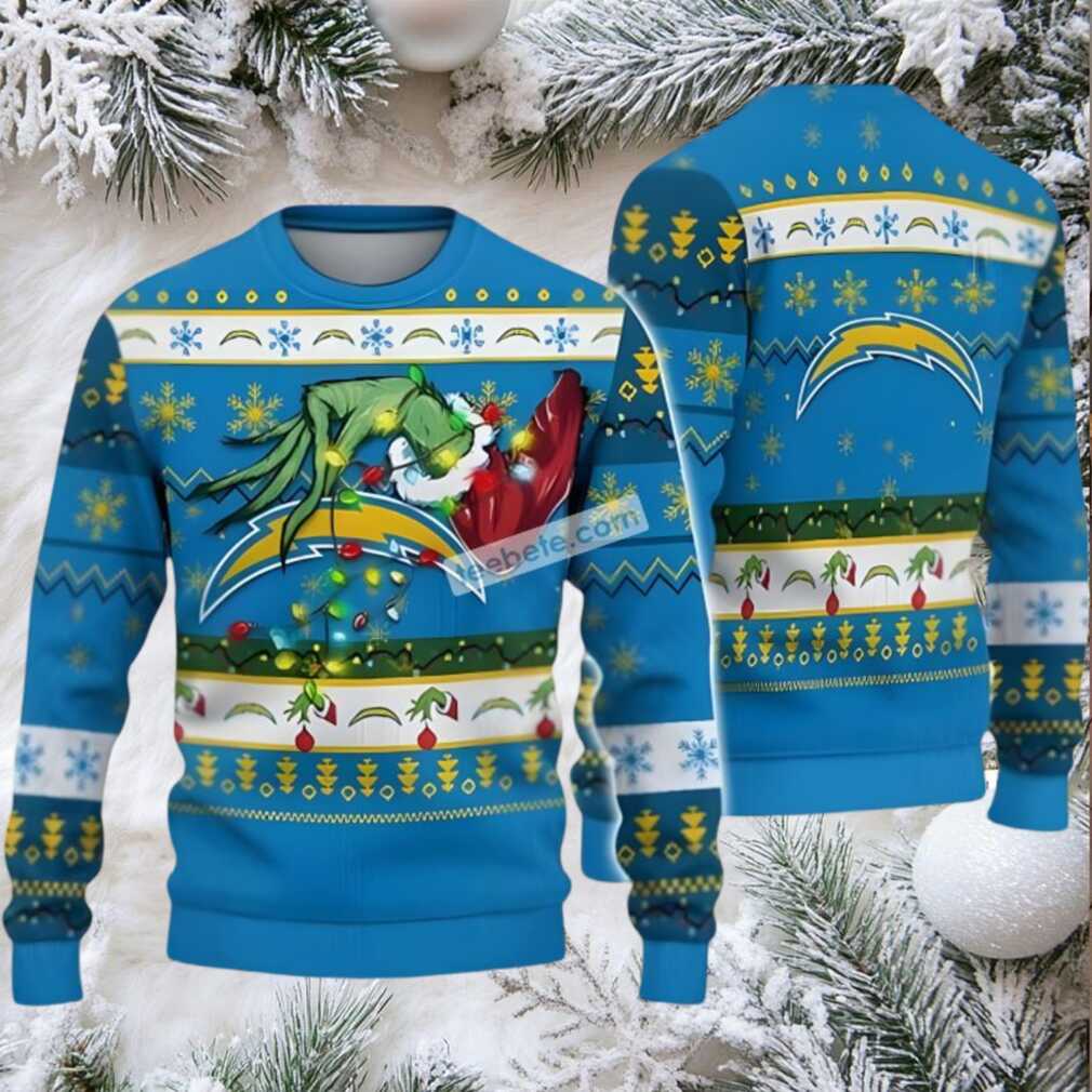 Los Angeles Chargers The Grinch Hand Lights Ugly Xmas Sweater Blue Los Angeles Chargers The Grinch Hand Lights Ugly Xmas Sweater Blue