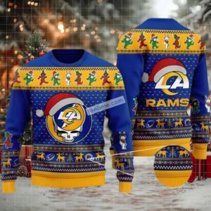 Los Angeles Rams Santa Hat Grateful Dead Ugly Christmas Sweater Plus Size Yellow Blue