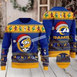 Los Angeles Rams Santa Hat Grateful Dead Ugly Christmas Sweater Plus Size Yellow Blue