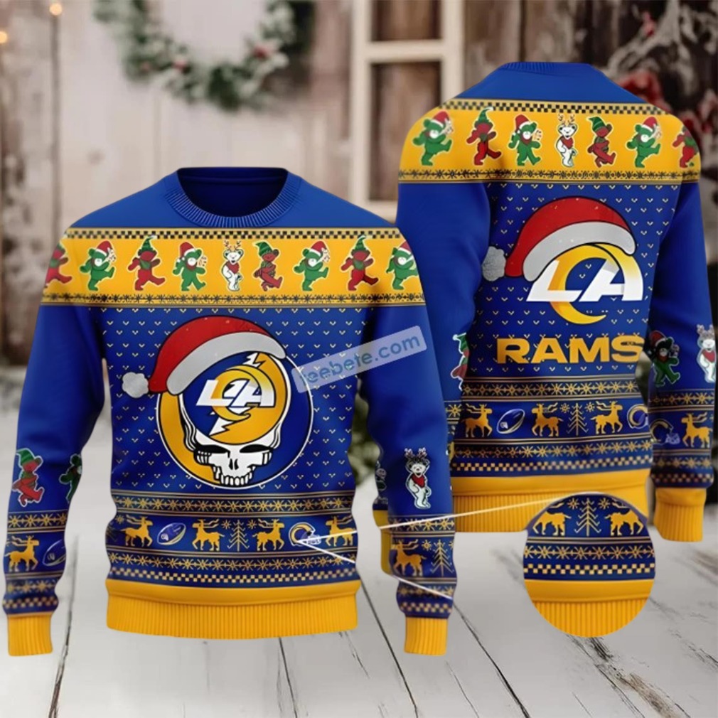 Los Angeles Rams Santa Hat Grateful Dead Ugly Christmas Sweater Plus Size Yellow Blue