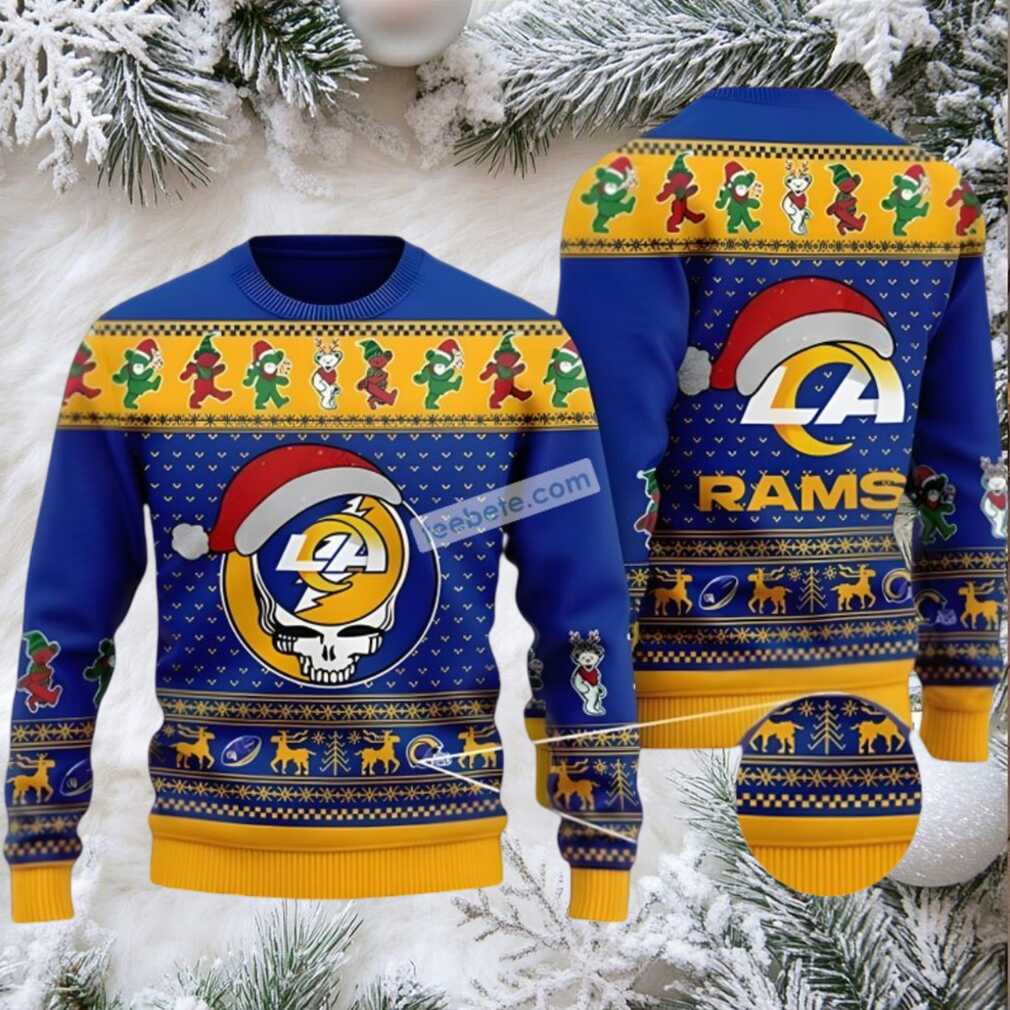 Los Angeles Rams Santa Hat Grateful Dead Ugly Christmas Sweater Plus Size Yellow Blue Los Angeles Rams Santa Hat Grateful Dead Ugly Christmas Sweater Plus Size Yellow Blue