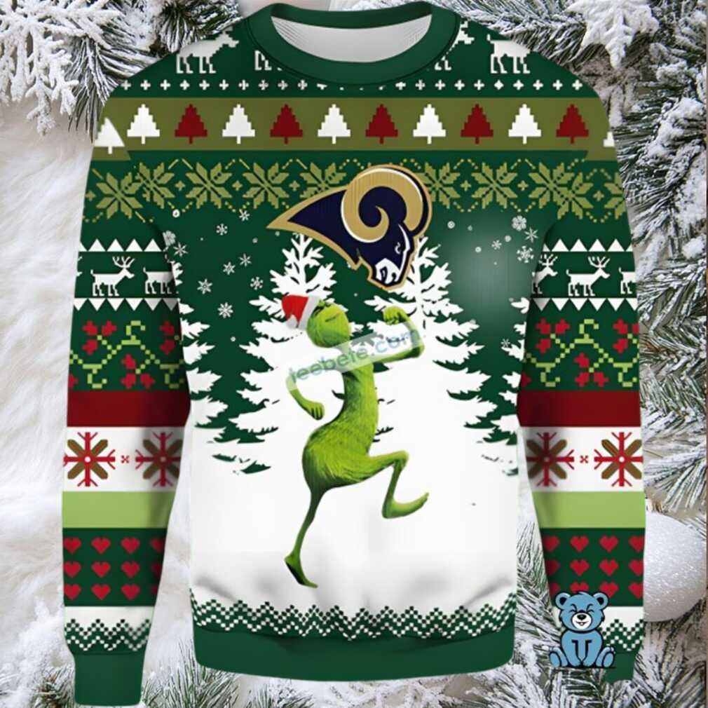 Los Angeles Rams Santa Hat Grinch Ugly Xmas Sweater Party Green White Los Angeles Rams Santa Hat Grinch Ugly Xmas Sweater Party Green White