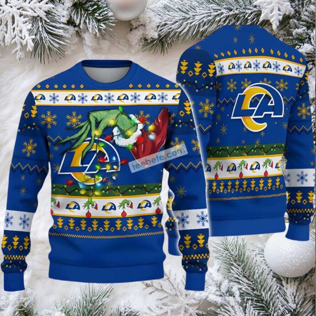 Los Angeles Rams The Grinch Hand Ugly Xmas Sweater Blue Los Angeles Rams The Grinch Hand Ugly Xmas Sweater Blue
