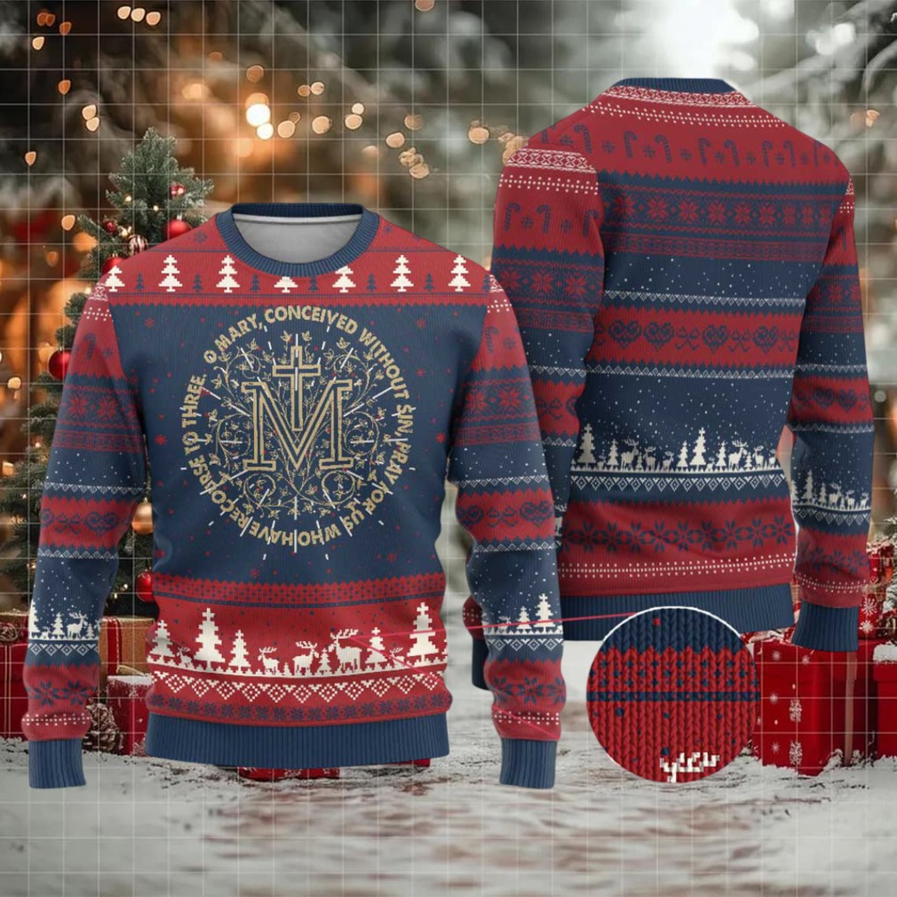 Marian Catholic Ave Maria Ugly Christmas Sweater with Miraculous Medal and Blessed Mother Mary