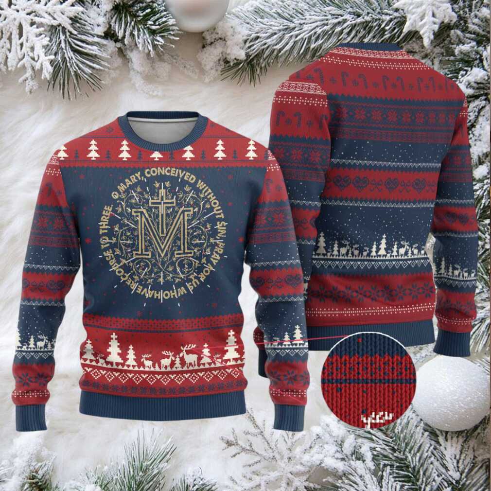 Person wearing Marian Catholic Ave Maria Ugly Christmas Sweater