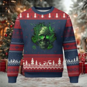 Marijuana Skull Ugly Christmas Sweater Smoke Weed Cannabis 420 Pot Leaf