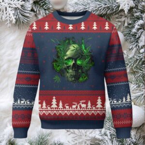 Marijuana Skull Ugly Christmas Sweater Smoke Weed Cannabis 420 Pot Leaf