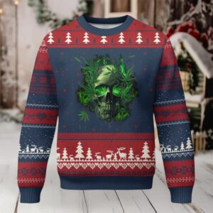 Marijuana Skull Ugly Christmas Sweater Smoke Weed Cannabis 420 Pot Leaf