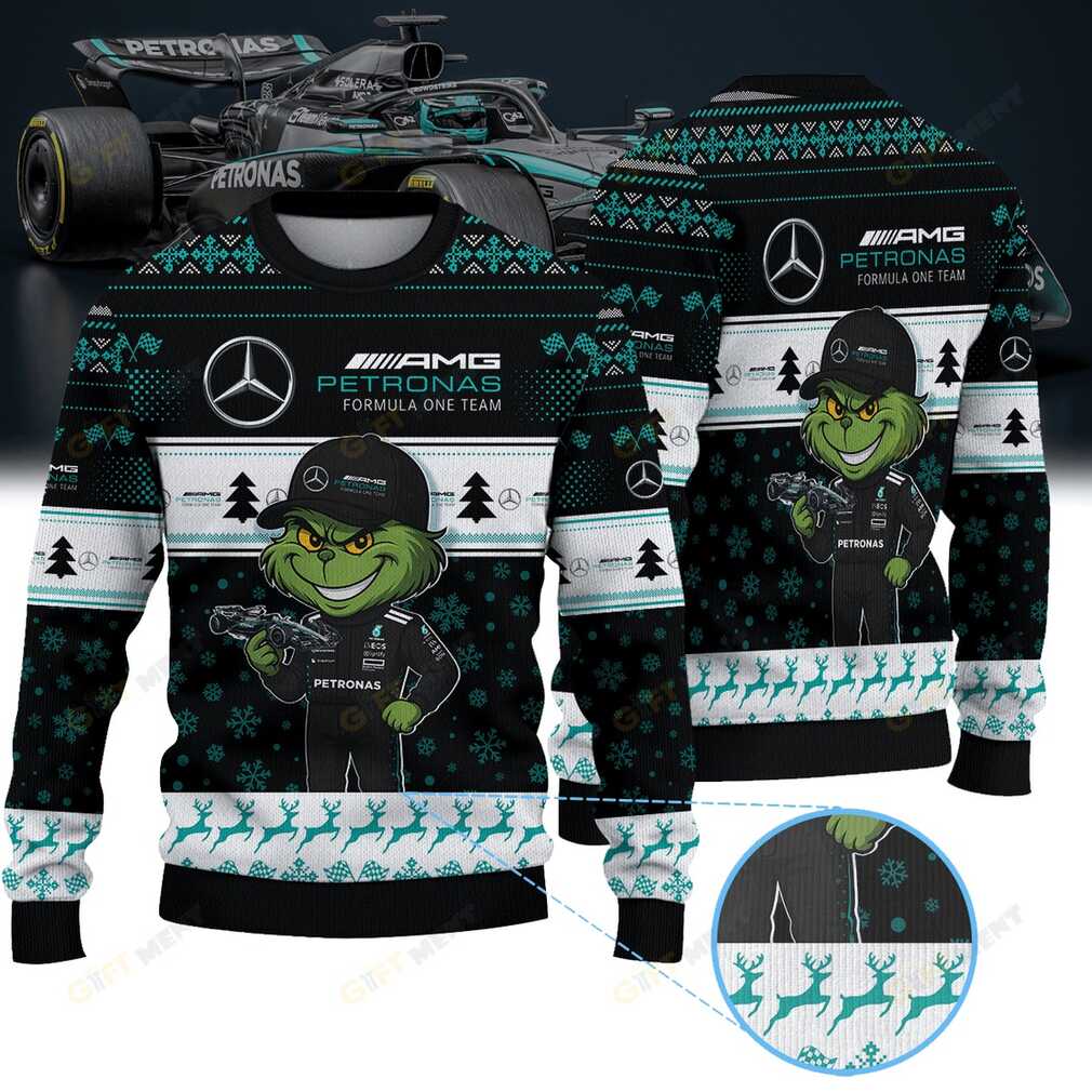Mercedes AMG Petronas Formula One Team Grinch Ugly Christmas Sweater front view