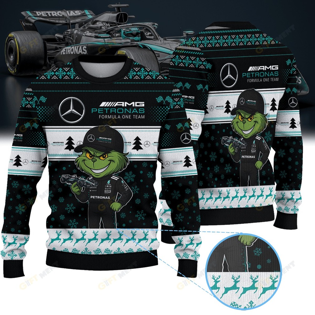 Mercedes AMG Petronas Formula One Team Grinch Ugly Christmas Sweater detail