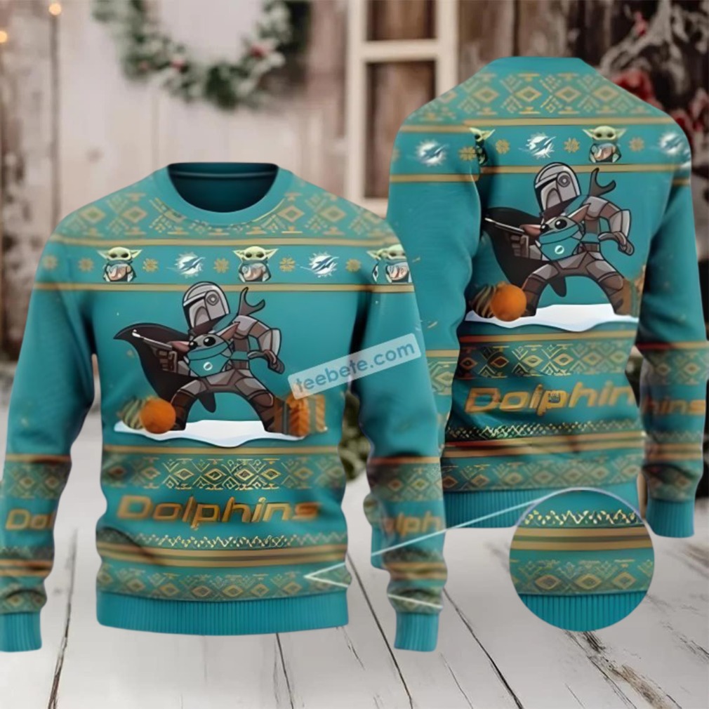 Miami Dolphins Baby Yoda Boba Fett Ugly Sweaters For Couples Blue Miami Dolphins Baby Yoda Boba Fett Ugly Sweaters For Couples Blue