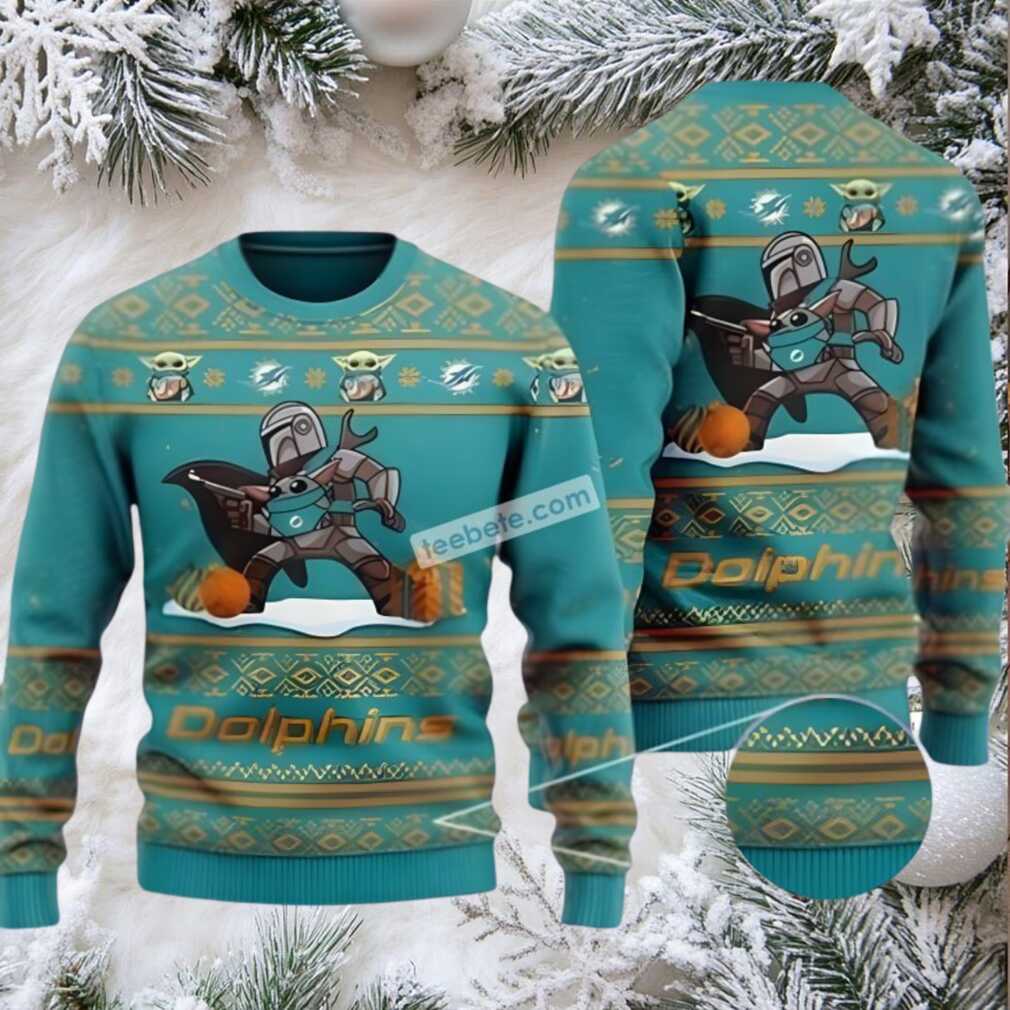 Miami Dolphins Baby Yoda Boba Fett Ugly Sweaters For Couples Blue Miami Dolphins Baby Yoda Boba Fett Ugly Sweaters For Couples Blue