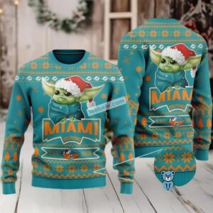 Miami Dolphins Baby Yoda Star Wars Ugly Christmas Sweatshirt Blue