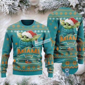 Miami Dolphins Baby Yoda Star Wars Ugly Christmas Sweatshirt Blue